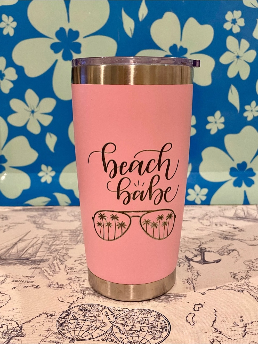 Beach Babe Pink Insulated Tumbler with Lid – Coastal Palm Tree Sunglasses